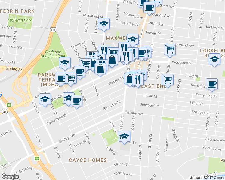 map of restaurants, bars, coffee shops, grocery stores, and more near 921 Fatherland Street in Nashville