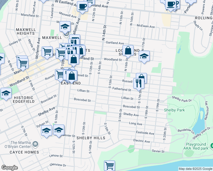 map of restaurants, bars, coffee shops, grocery stores, and more near 1415 Fatherland Street in Nashville