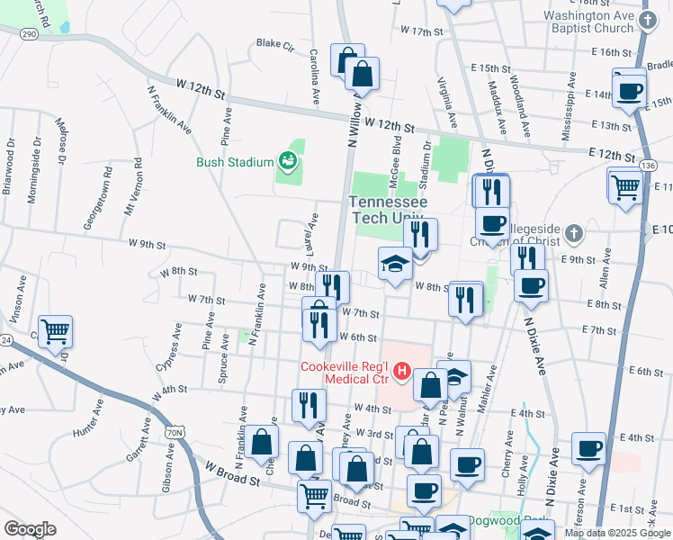map of restaurants, bars, coffee shops, grocery stores, and more near 300 West 9th Street in Cookeville