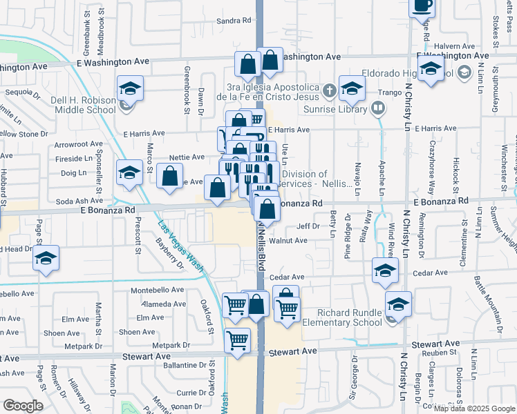 map of restaurants, bars, coffee shops, grocery stores, and more near 3595 East Bonanza Road in Las Vegas