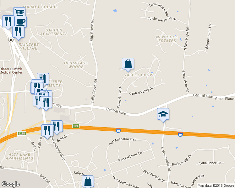 map of restaurants, bars, coffee shops, grocery stores, and more near 4241 Valley Grove Drive in Nashville