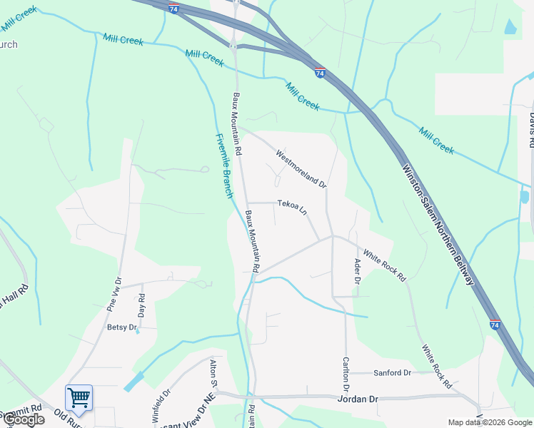map of restaurants, bars, coffee shops, grocery stores, and more near 4845 Baux Mountain Road in Winston-Salem