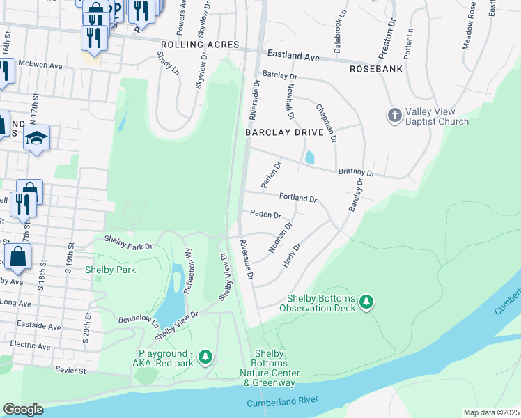 map of restaurants, bars, coffee shops, grocery stores, and more near 2812 Paden Drive in Nashville