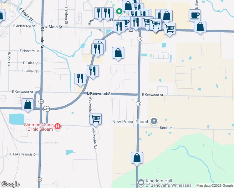 map of restaurants, bars, coffee shops, grocery stores, and more near 2234 East Kenwood Street in Siloam Springs