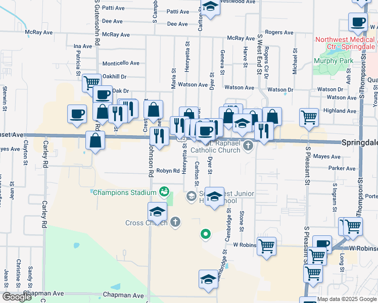 map of restaurants, bars, coffee shops, grocery stores, and more near 1205 Henryetta Street in Springdale