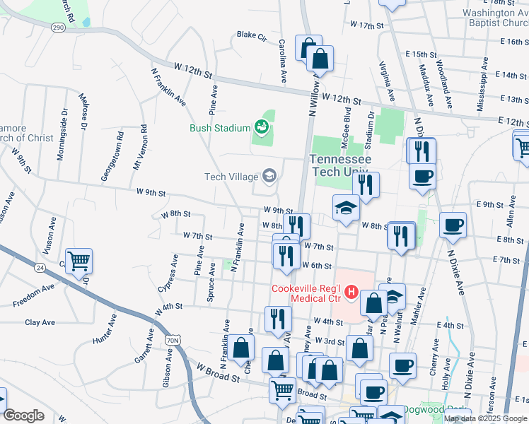 map of restaurants, bars, coffee shops, grocery stores, and more near 356 West 9th Street in Cookeville