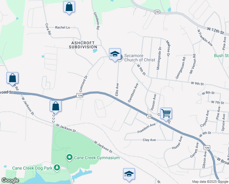 map of restaurants, bars, coffee shops, grocery stores, and more near 389 Ellis Avenue in Cookeville