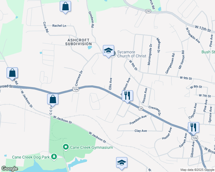 map of restaurants, bars, coffee shops, grocery stores, and more near 1139 West Broad Street in Cookeville