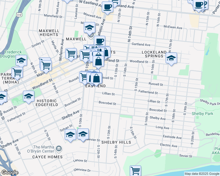 map of restaurants, bars, coffee shops, grocery stores, and more near in Nashville