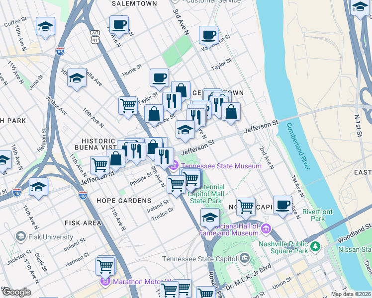 map of restaurants, bars, coffee shops, grocery stores, and more near 1104 7th Avenue North in Nashville
