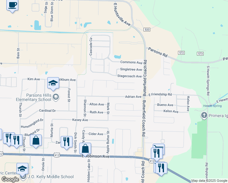 map of restaurants, bars, coffee shops, grocery stores, and more near 2967 Jerri Lane in Springdale