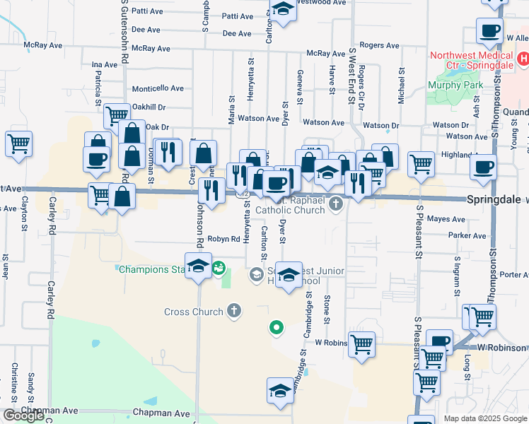 map of restaurants, bars, coffee shops, grocery stores, and more near 1205 Henryetta Street in Springdale