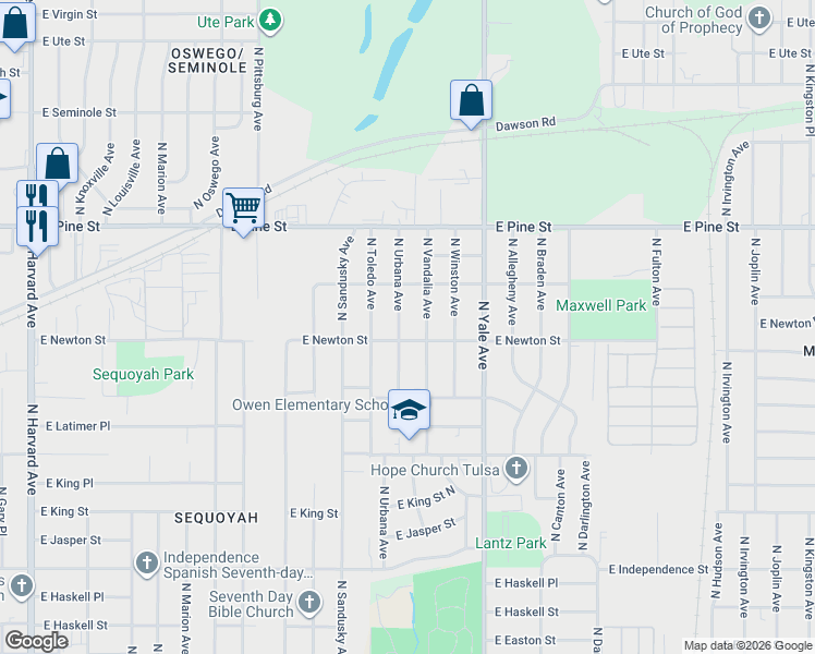 map of restaurants, bars, coffee shops, grocery stores, and more near 1316 North Vandalia Avenue in Tulsa