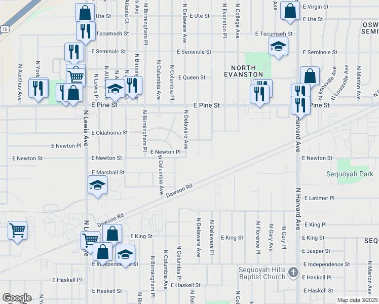 map of restaurants, bars, coffee shops, grocery stores, and more near 1316 North Delaware Place in Tulsa