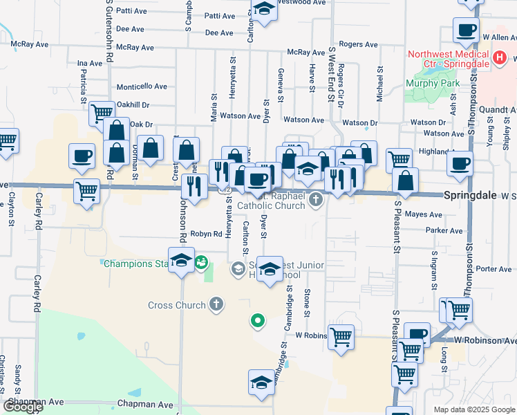 map of restaurants, bars, coffee shops, grocery stores, and more near 1206 Dyer Street in Springdale