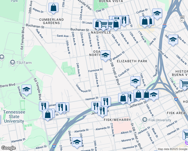 map of restaurants, bars, coffee shops, grocery stores, and more near 1521 22nd Avenue North in Nashville