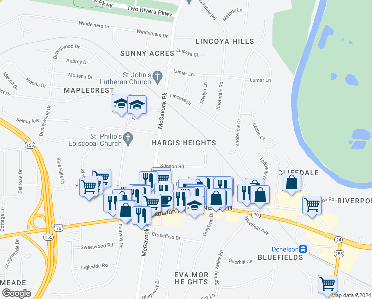 map of restaurants, bars, coffee shops, grocery stores, and more near 2540 Stinson Road in Nashville
