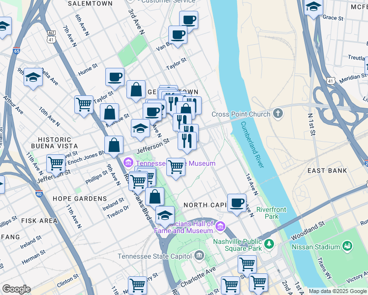 map of restaurants, bars, coffee shops, grocery stores, and more near 1018 4th Avenue North in Nashville