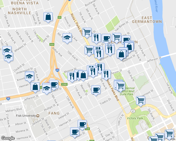 map of restaurants, bars, coffee shops, grocery stores, and more near 916 Scovel Street in Nashville
