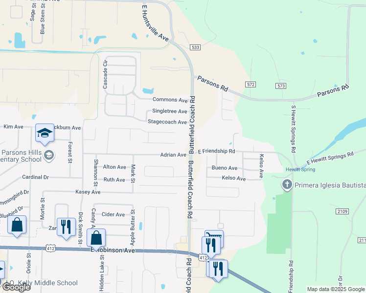 map of restaurants, bars, coffee shops, grocery stores, and more near 1182 Butterfield Coach Road in Springdale