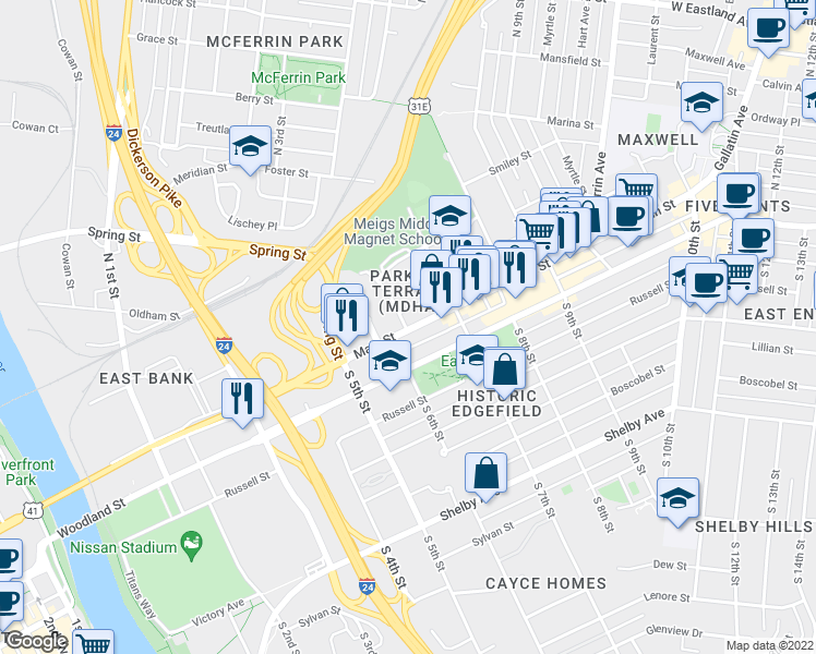 map of restaurants, bars, coffee shops, grocery stores, and more near 111 North 6th Street in Nashville