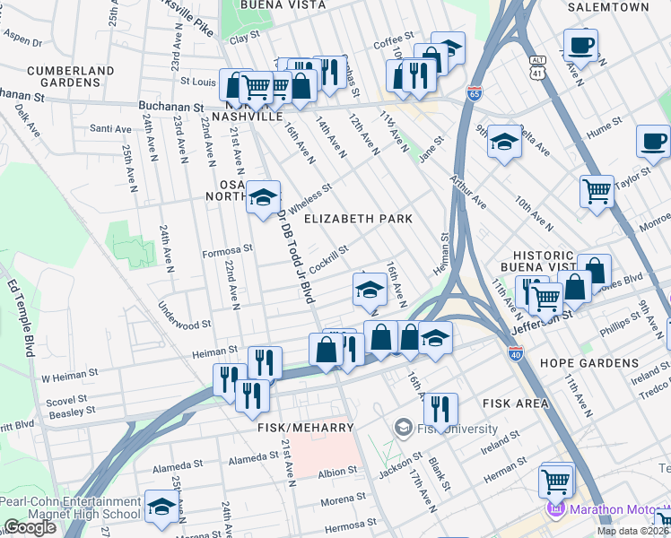 map of restaurants, bars, coffee shops, grocery stores, and more near 1704 Underwood Street in Nashville