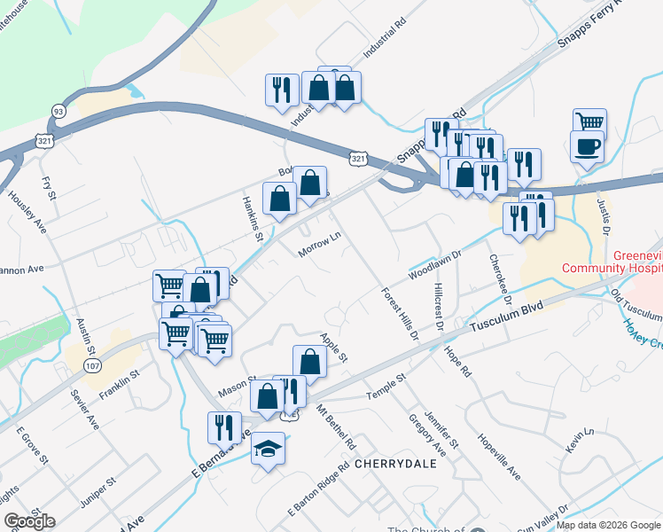map of restaurants, bars, coffee shops, grocery stores, and more near 109 Cottonwood Drive in Greeneville