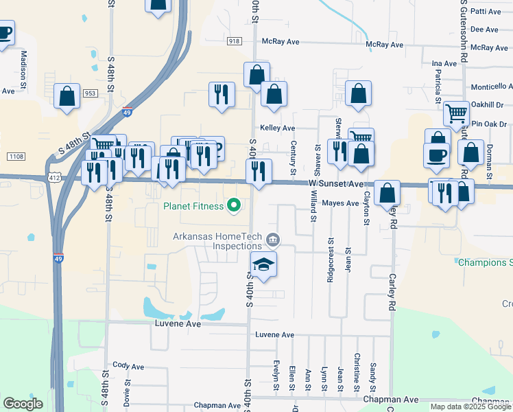 map of restaurants, bars, coffee shops, grocery stores, and more near 1301 South 40th Street in Springdale