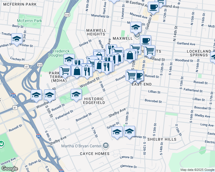 map of restaurants, bars, coffee shops, grocery stores, and more near 906B Russell Street in Nashville