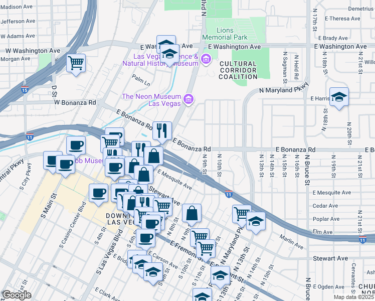 map of restaurants, bars, coffee shops, grocery stores, and more near 650 East Bonanza Road in Las Vegas
