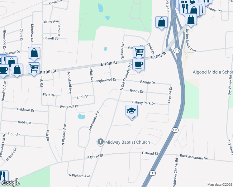 map of restaurants, bars, coffee shops, grocery stores, and more near 725 Liberty Court in Cookeville