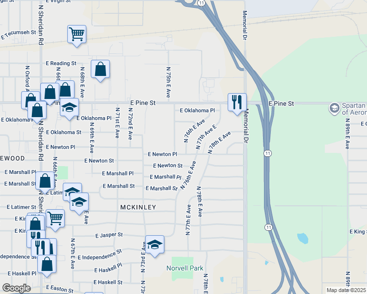 map of restaurants, bars, coffee shops, grocery stores, and more near 1340 North 76th East Avenue in Tulsa
