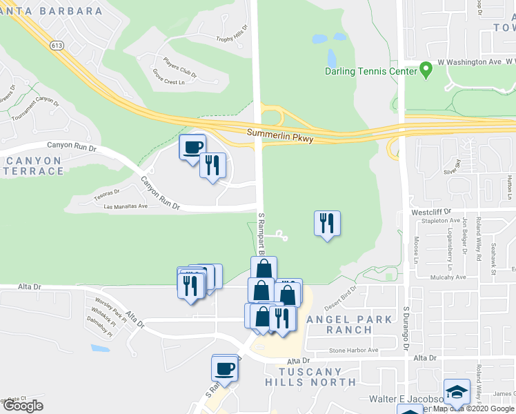 map of restaurants, bars, coffee shops, grocery stores, and more near 9151 Canyon Run Drive in Las Vegas