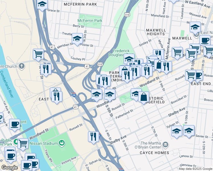 map of restaurants, bars, coffee shops, grocery stores, and more near 2220 Strickland Drive in Nashville