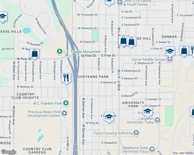 map of restaurants, bars, coffee shops, grocery stores, and more near 1320 North Main Street in Tulsa
