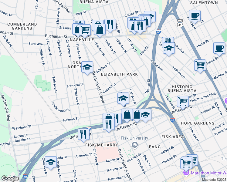 map of restaurants, bars, coffee shops, grocery stores, and more near 1704 Underwood Street in Nashville