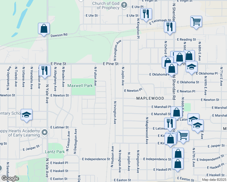map of restaurants, bars, coffee shops, grocery stores, and more near 1310 North Irvington Avenue in Tulsa