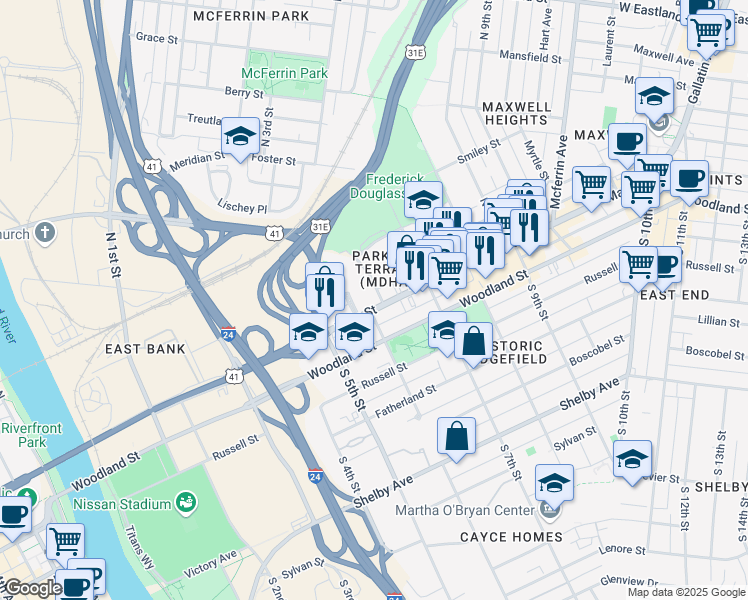 map of restaurants, bars, coffee shops, grocery stores, and more near 535 Main Street in Nashville
