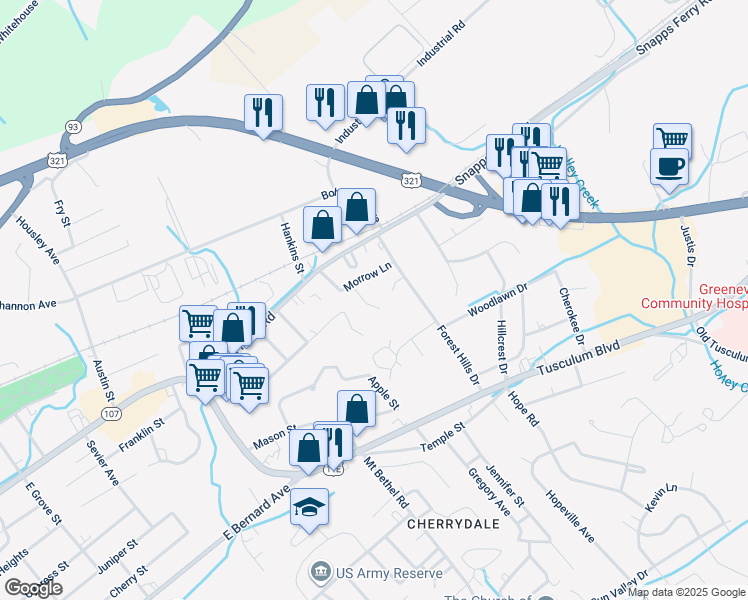 map of restaurants, bars, coffee shops, grocery stores, and more near 107 Cottonwood Drive in Greeneville