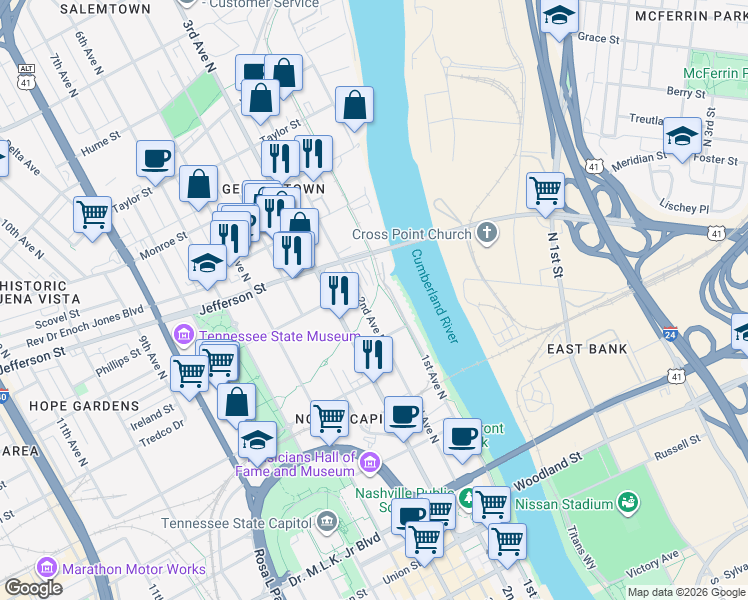 map of restaurants, bars, coffee shops, grocery stores, and more near 914 2nd Avenue North in Nashville