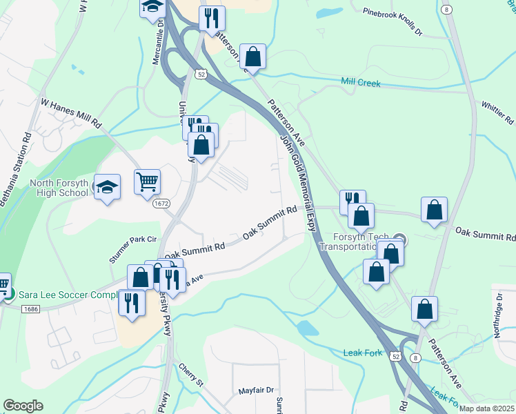 map of restaurants, bars, coffee shops, grocery stores, and more near 165 Oak Summit Road in Winston-Salem