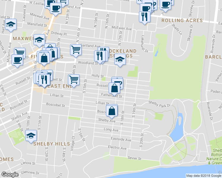 map of restaurants, bars, coffee shops, grocery stores, and more near 1618 Russell Street in Nashville
