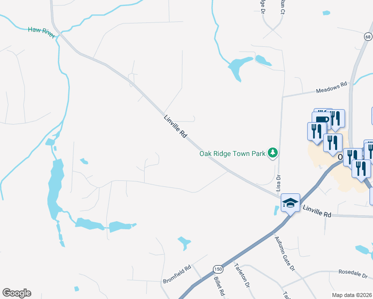 map of restaurants, bars, coffee shops, grocery stores, and more near 8417 Linville Road in Oak Ridge