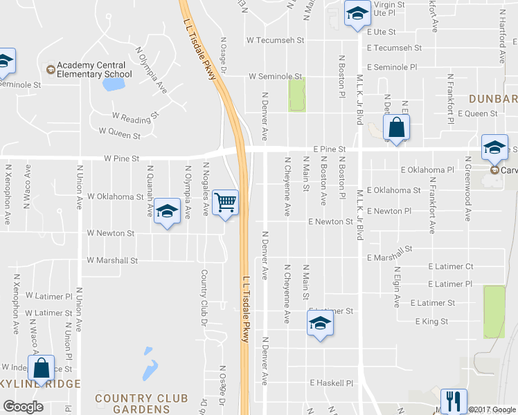 map of restaurants, bars, coffee shops, grocery stores, and more near 1320 North Denver Avenue in Tulsa