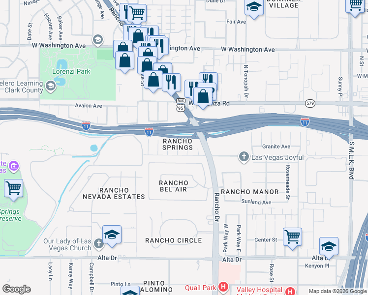 map of restaurants, bars, coffee shops, grocery stores, and more near 105 Dahlia Lane in Las Vegas