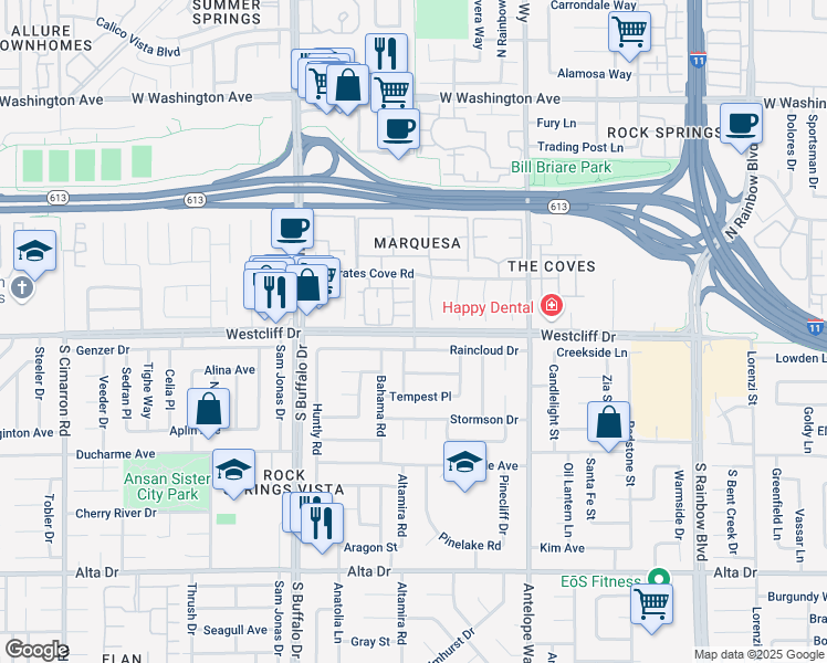 map of restaurants, bars, coffee shops, grocery stores, and more near 101 Luna Way in Las Vegas