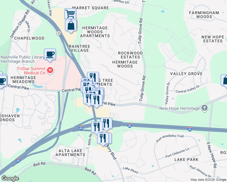 map of restaurants, bars, coffee shops, grocery stores, and more near 128 Burning Tree Drive in Nashville