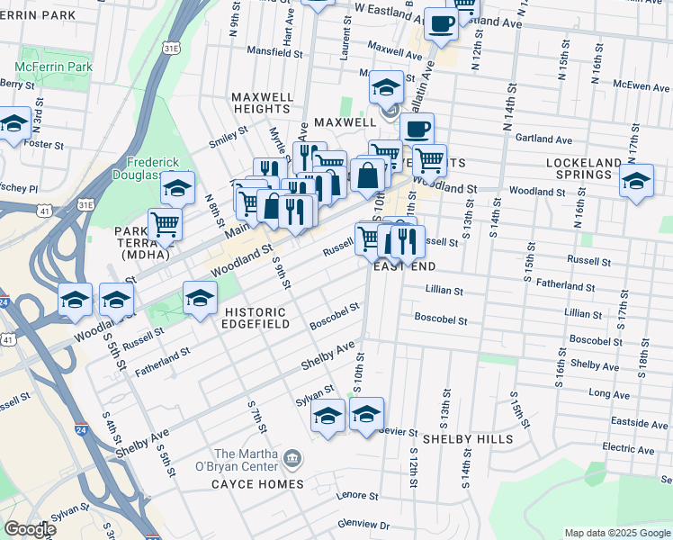 map of restaurants, bars, coffee shops, grocery stores, and more near 921 Fatherland Street in Nashville