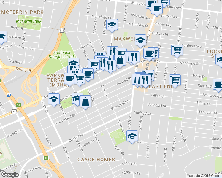 map of restaurants, bars, coffee shops, grocery stores, and more near 906B Russell Street in Nashville