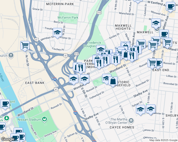 map of restaurants, bars, coffee shops, grocery stores, and more near 111 North 6th Street in Nashville